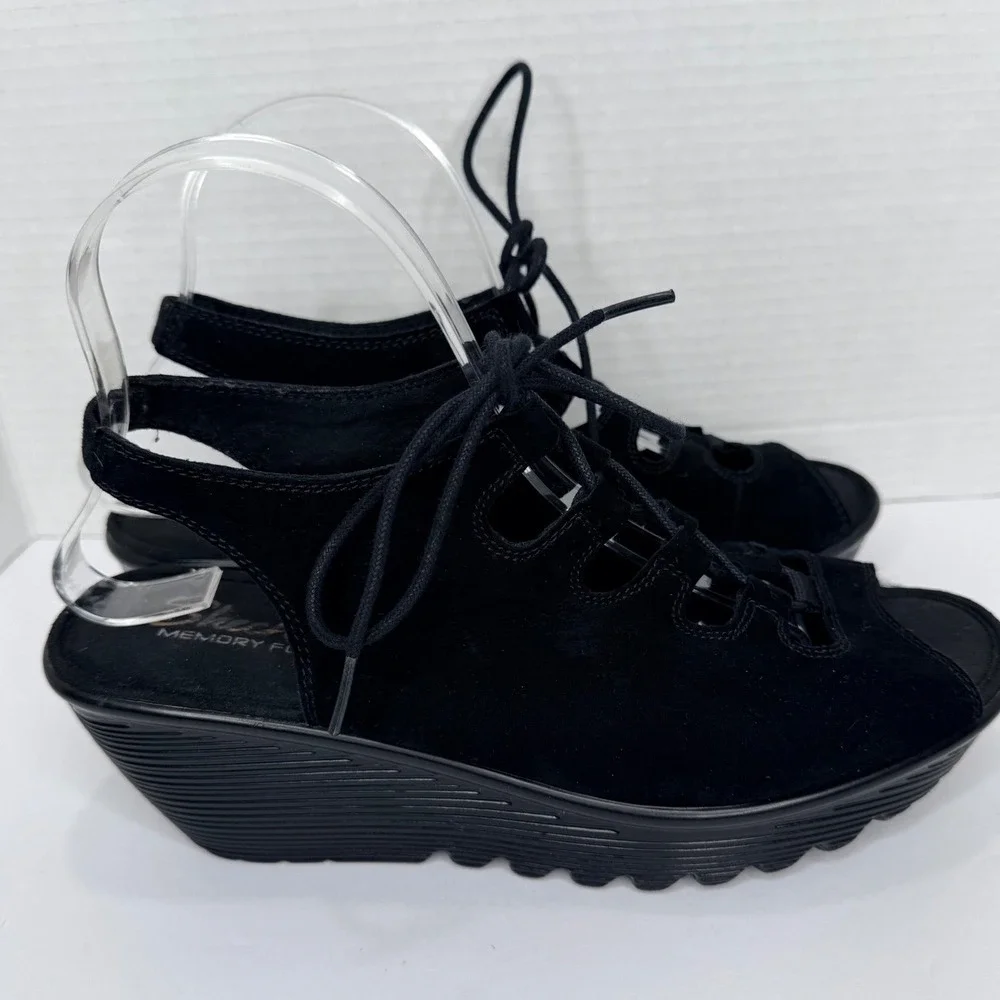 Skechers Parallel LaceUp Wedge Suede Sandals Women 8.5 Black Grunge Comfort Goth